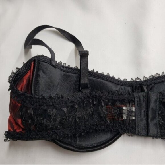 Coquette Sexy Bra Deep Red Black Lace Balconette Size Large - Picture 7 of 12